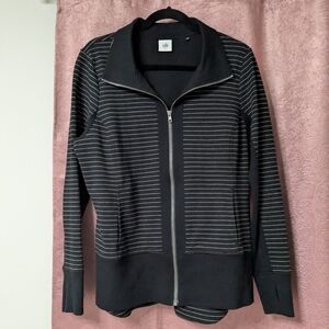 Cabi Striped Black Active Cotton Soft Jacket Thumb Hole Comfy Casual